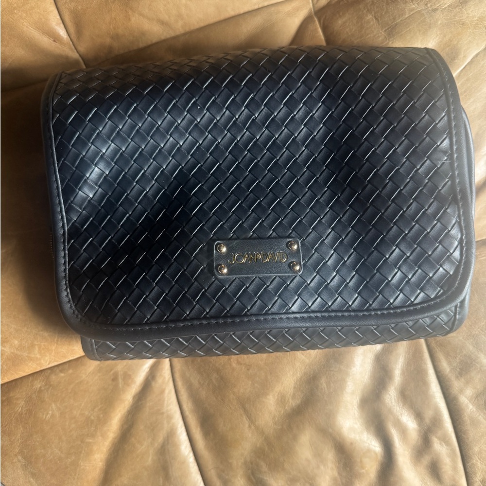 Joan & David Black Woven Leather Travel Toiletries Bag